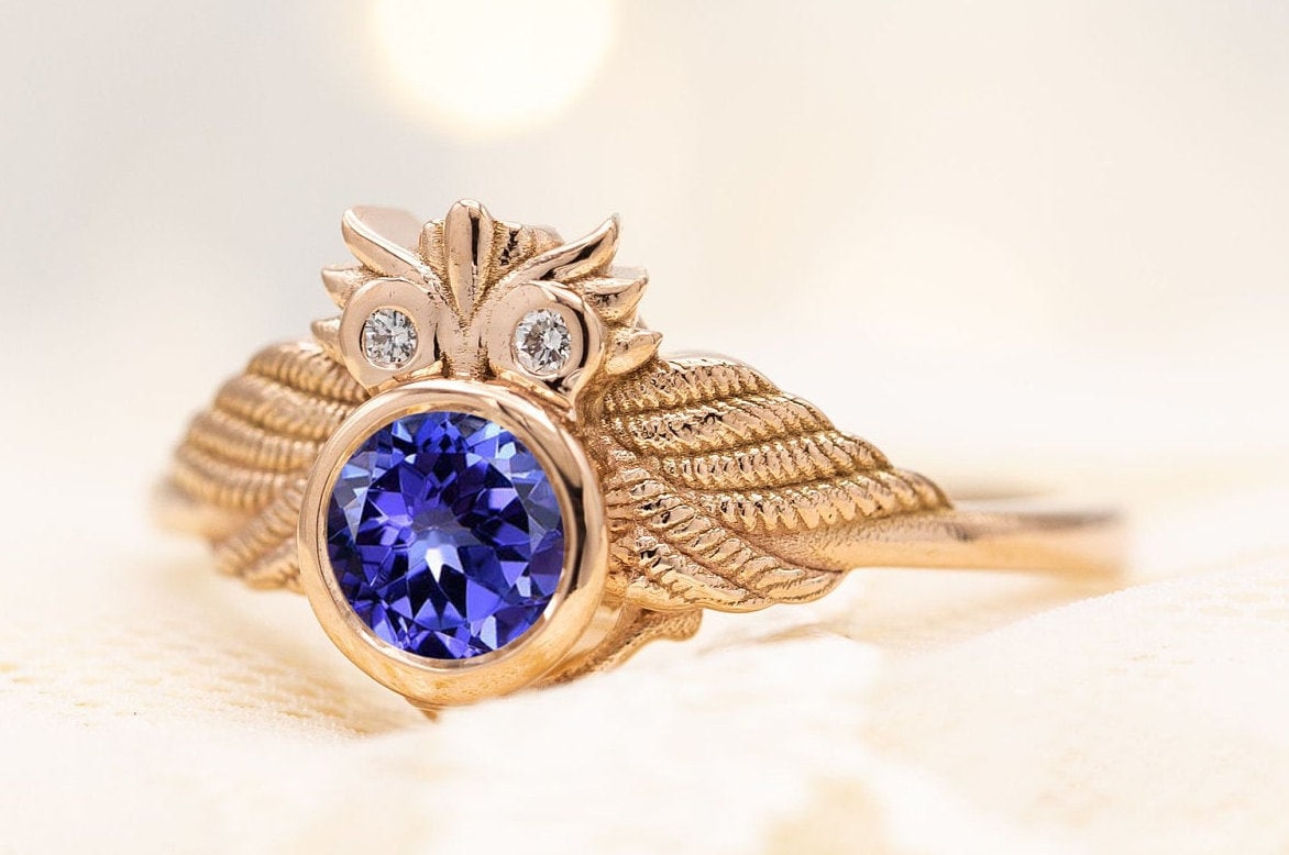 Art Deco Owl Blue Tanzanite Wedding Ring Vintage Tanzanite Engagement Ring Art Deco Tanzanite Bridal Anniversary Ring Unique Promise Ring