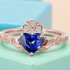 Claddagh Style Tanzanite Engagement Ring Heart Shape Blue Gemstone Wedding Ring Unique Bridal Promise Ring Antique Art Deco Anniversary Ring