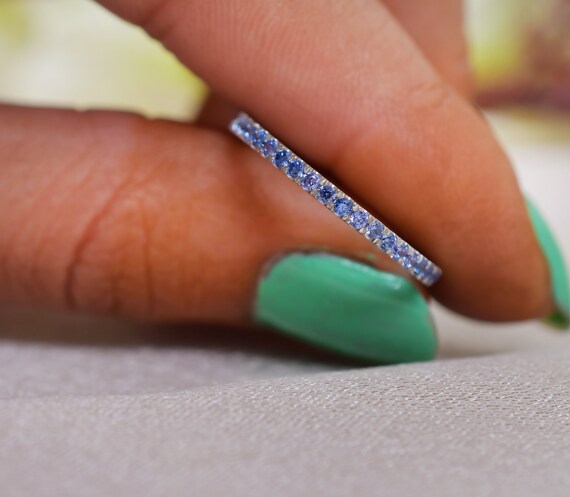 Dainty Tanzanite Half Eternity Ring, Sterling Silver Wedding Band