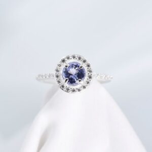 Tanzanite Ring, Engagement, Wedding, Solitaire Ring, Genuine Gemstone 6mm Round, Halo of CZ's and Down the Shoulders