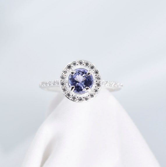 Tanzanite Ring, Engagement, Wedding, Solitaire Ring, Genuine Gemstone 6mm Round, Halo Of Cz's And Down The Shoulders