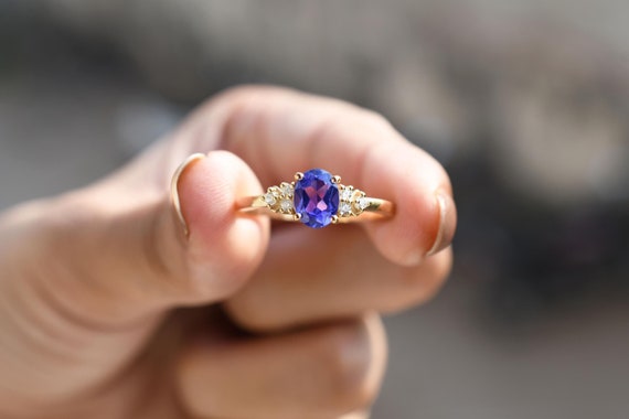 Oval Tanzanite Engagement Ring: 14k Yellow Gold & Silver Ring Birthstone Rings Anniversary Gifts