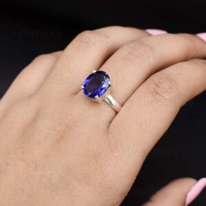 Oval Tanzanite Ring, Sterling Silver Solitaire, Blue Purple Gemstone