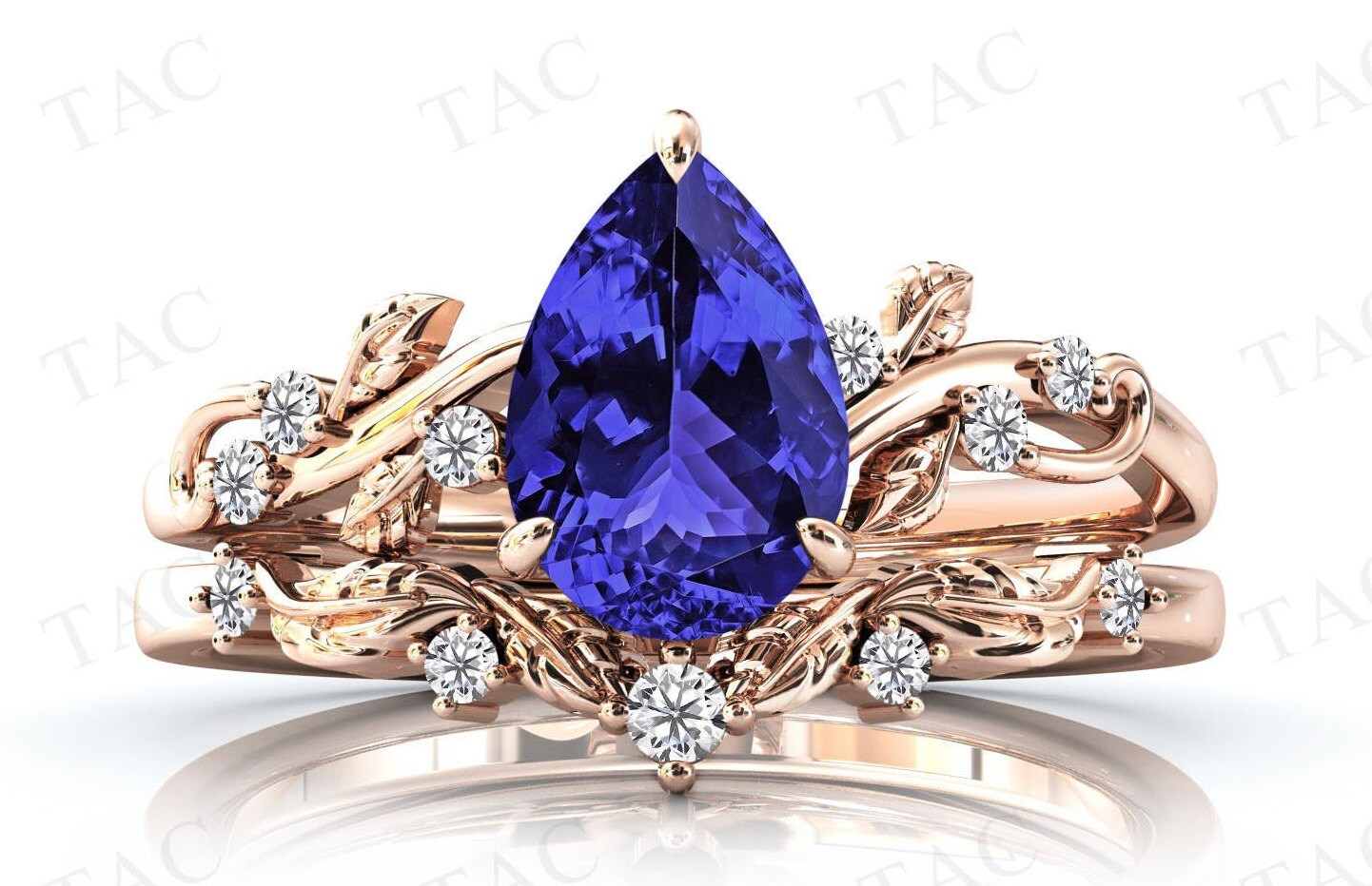 Pear Shaped Tanzanite Wedding Ring Set Art Deco Tanzanite Leaf Style Engagement Ring Set Vintage Tanzanite Bridal Anniversary Promise Rings