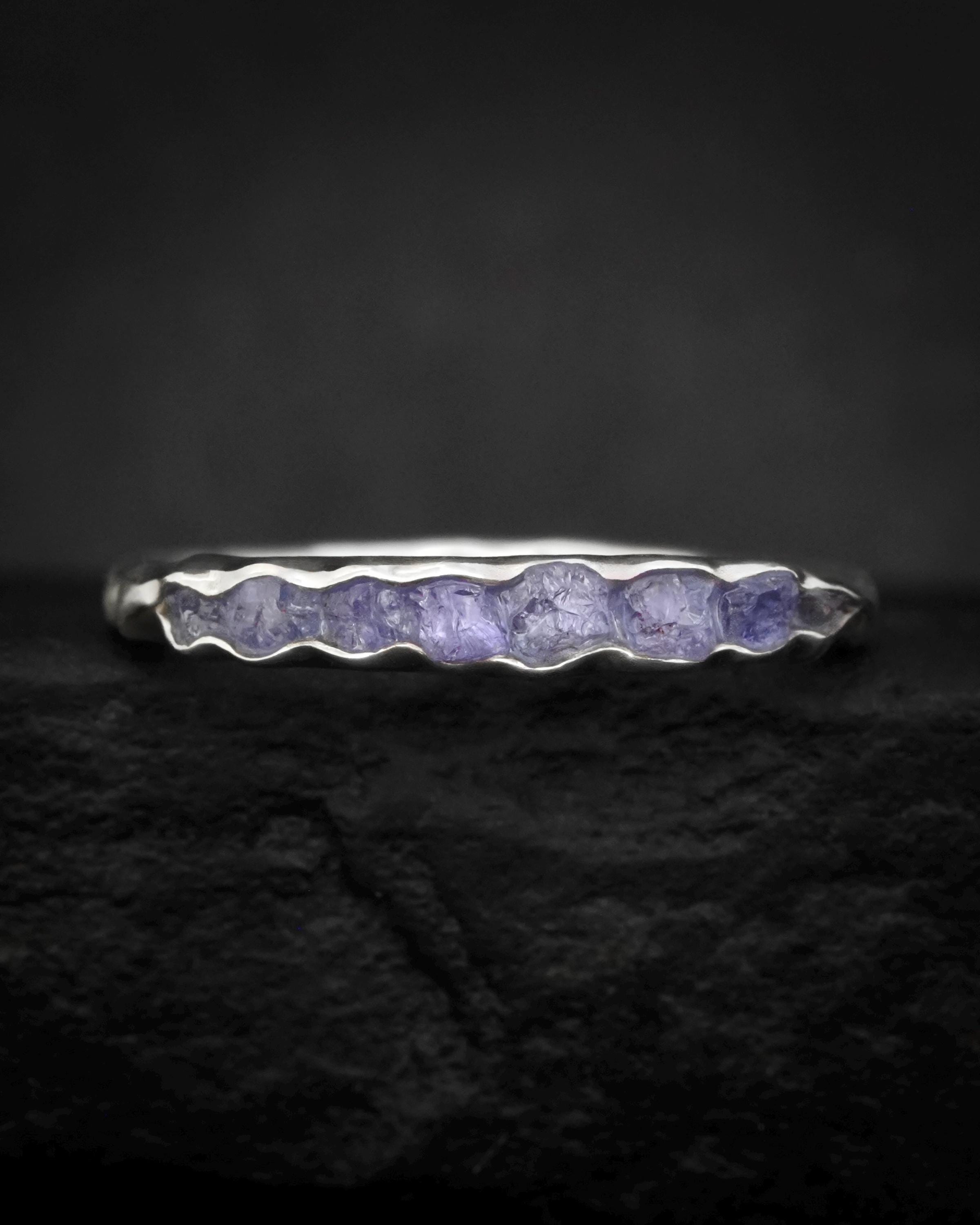 Raw Tanzanite Wedding Band. Alternative Rustic Organic Unique Natural Raw Rough Uncut Purple December Gemstone Tanzanite Wedding Band Ring