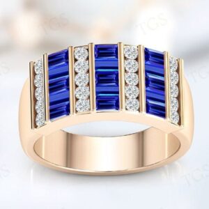 Unique Tanzanite Baguette Wedding Ring For Men 14k Rose Gold Men Engagement Ring Vintage Baguette Cut Tanzanite Gemstone Ring For Husband