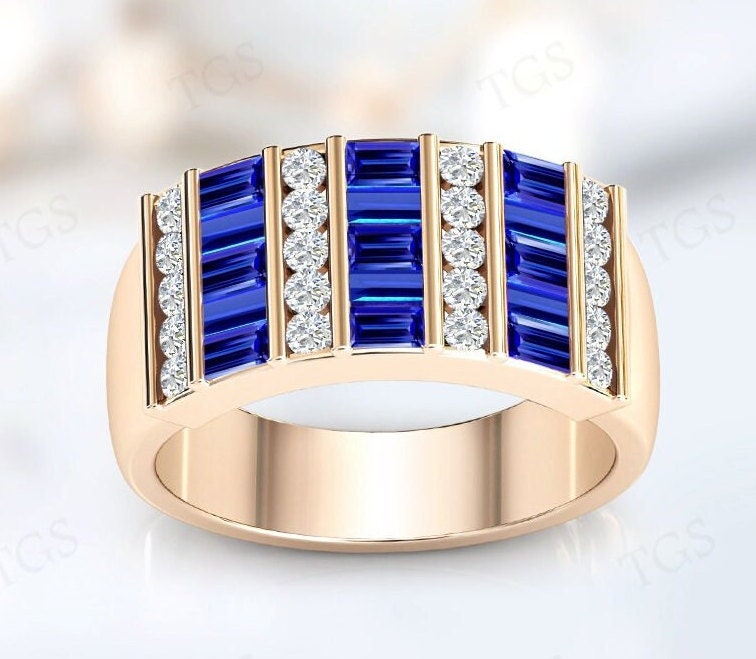 Unique Tanzanite Baguette Wedding Ring For Men 14k Rose Gold Men Engagement Ring Vintage Baguette Cut Tanzanite Gemstone Ring For Husband