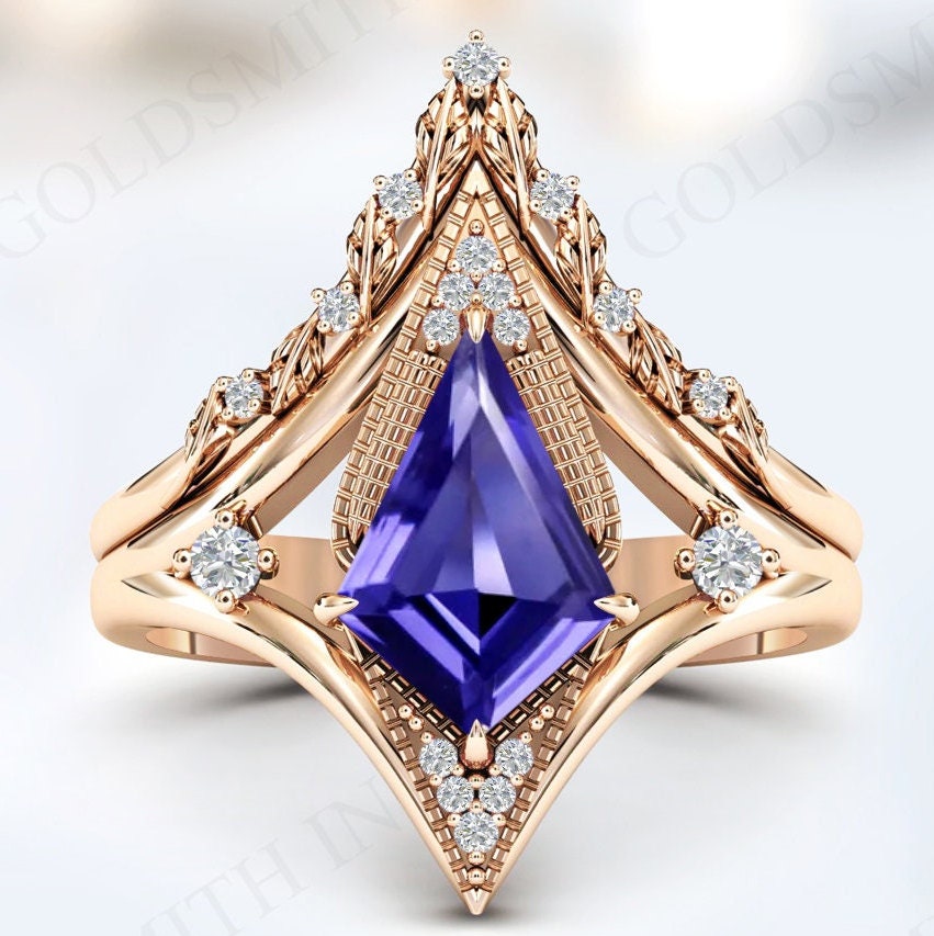 Unique Tanzanite Engagement Ring Set Kite Cut Tanzanite 2 Piece Wedding Ring Set Art Deco Leaf Wedding Band Vintage Bridal Promise Ring Set