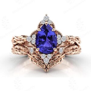 Vintage Tanzanite Engagement Ring Set For Women 925 Silver Tanzanite Wedding Ring Set Art Deco 2 Piece Bridal Promise Ring Set Gift For Her