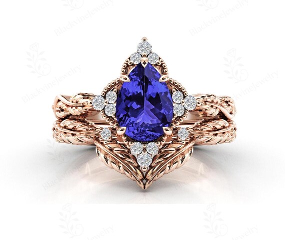 Vintage Tanzanite Engagement Ring Set For Women 925 Silver Tanzanite Wedding Ring Set Art Deco 2 Piece Bridal Promise Ring Set Gift For Her