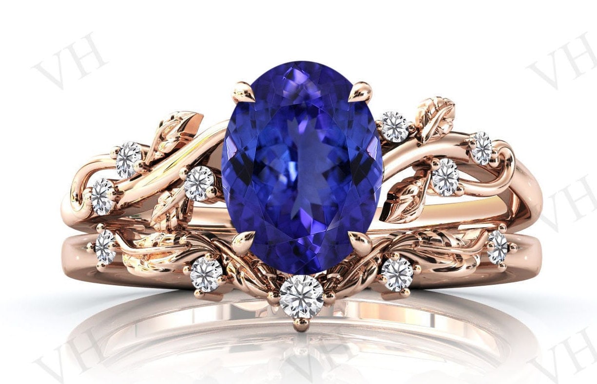 Vintage Leaf Style Tanzanite Engagement Ring Set Art Deco Tanzanite Wedding Ring 925 Silver Tanzanite Antique Bridal Ring Anniversary Gift