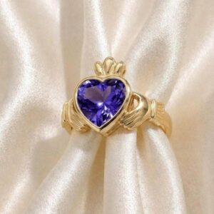 Heart Tanzanite Claddagh Ring, 925 Sterling Silver Gold Plated, Irish Tradition