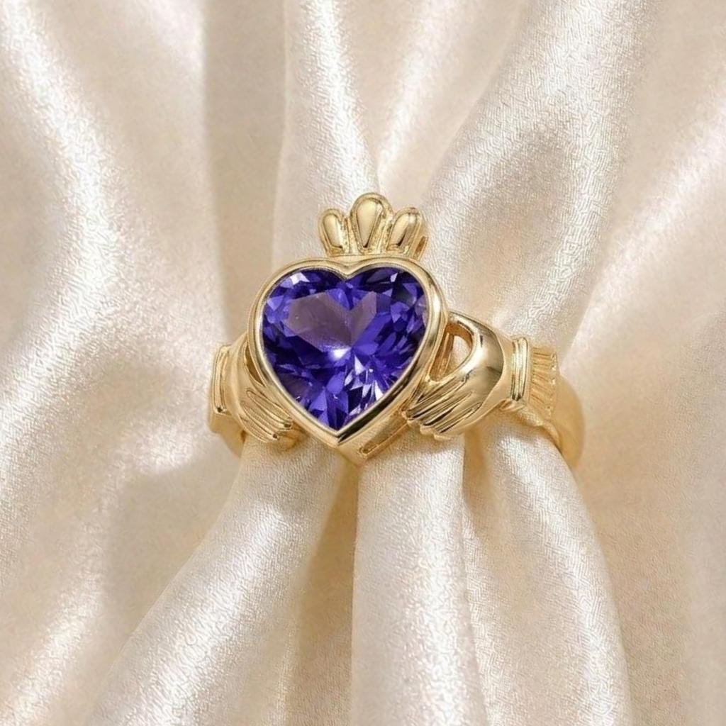 Heart Tanzanite Claddagh Ring, 925 Sterling Silver Gold Plated, Irish Tradition Heart Tanzanite Claddagh Ring, 925 Sterling Silver Gold Plated, Irish Tradition