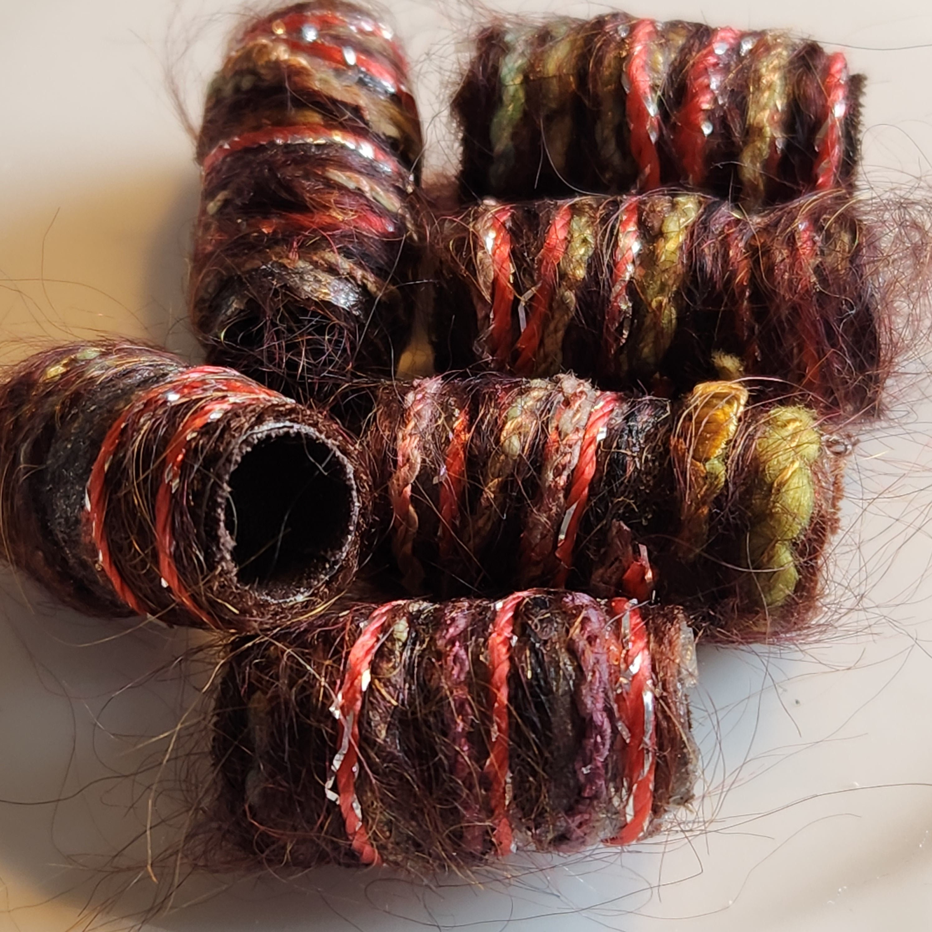 Textile Dread Beads, Brown And Orange Fiber Beads, Jewelry Supply - Set Of 6