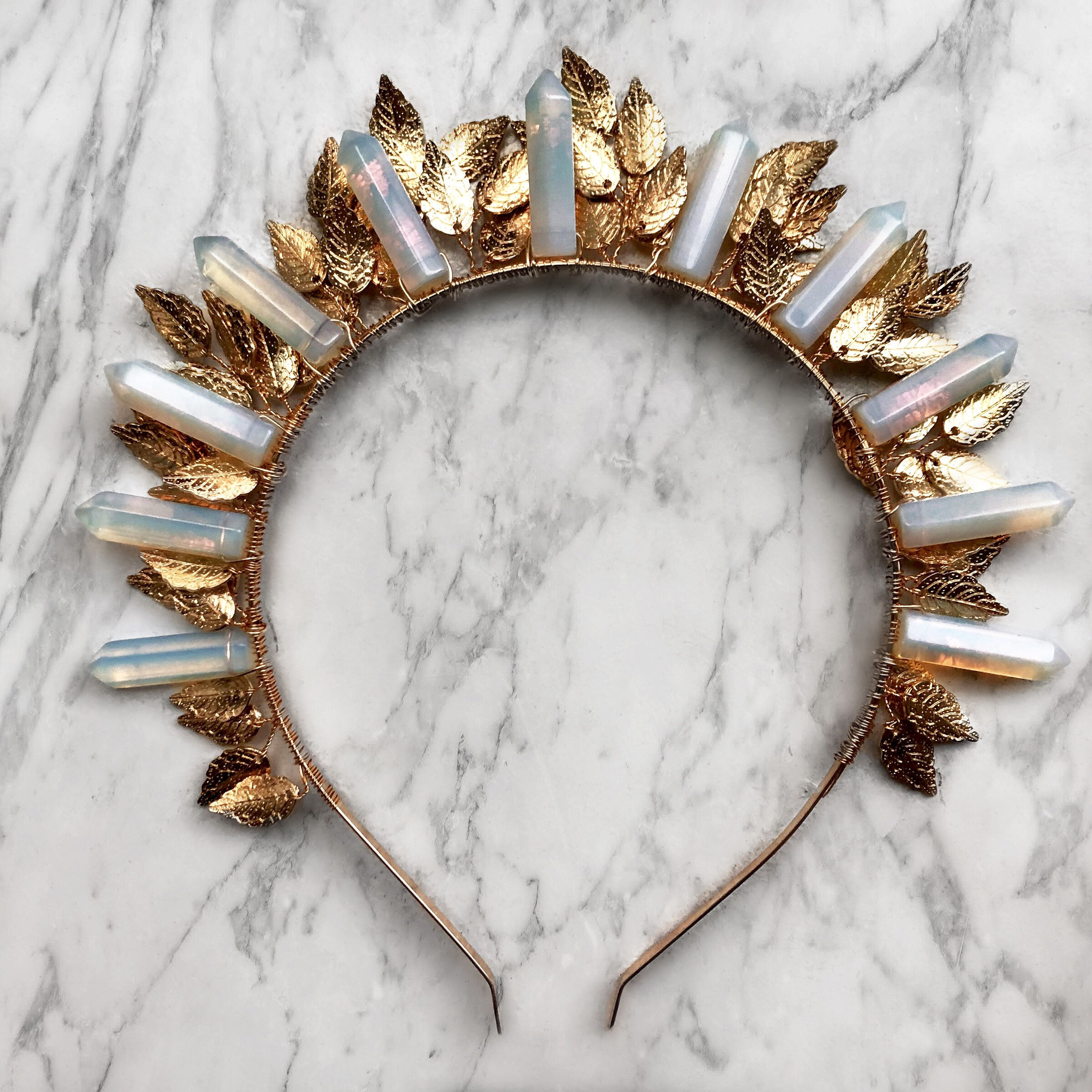 The Athena Halo Crown - [leaf Opalite, Rose Quartz, Onyx Crystal Crown) Bridal Headpiece, Wedding Tiara, Leaf Crown, Laurel Crown, Laurel