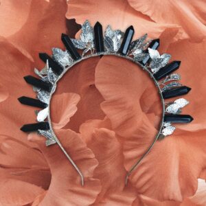 The Dark Athena Halo Crown - [Black Onyx Crystal Crown) Eclectic Bridal Headpiece, Goth Bridal Crown, Goth Wedding, Silver Leaf Headband