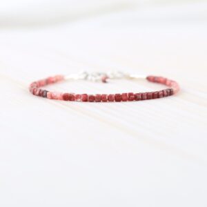 Thulite Dainty Bracelet With 2mm Faceted Cube Beads, Natural Gemstone Delicate Stacking Bracelet, Sterling Silver, Rose Or Gold Filled