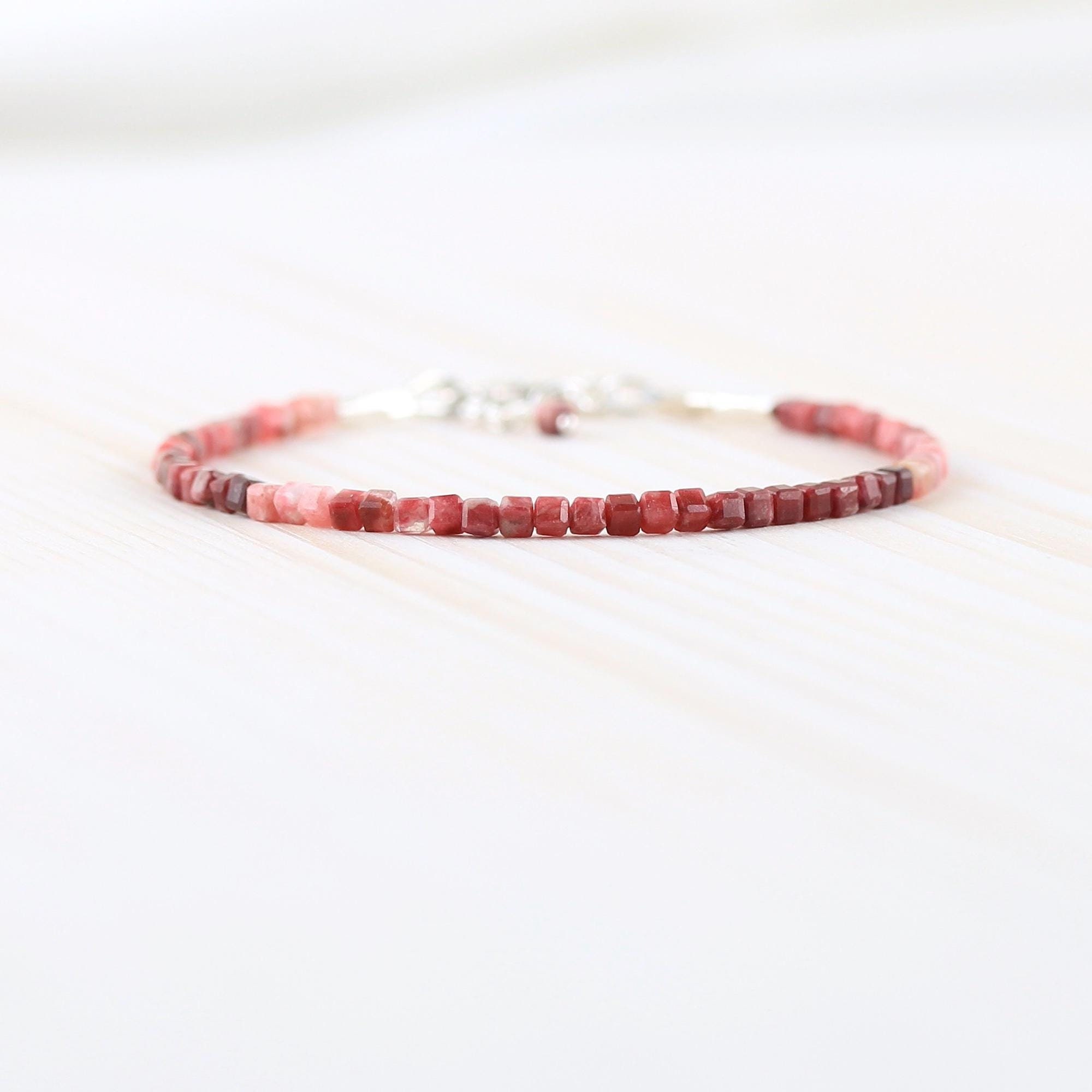 Thulite Dainty Bracelet With 2mm Faceted Cube Beads, Natural Gemstone Delicate Stacking Bracelet, Sterling Silver, Rose Or Gold Filled