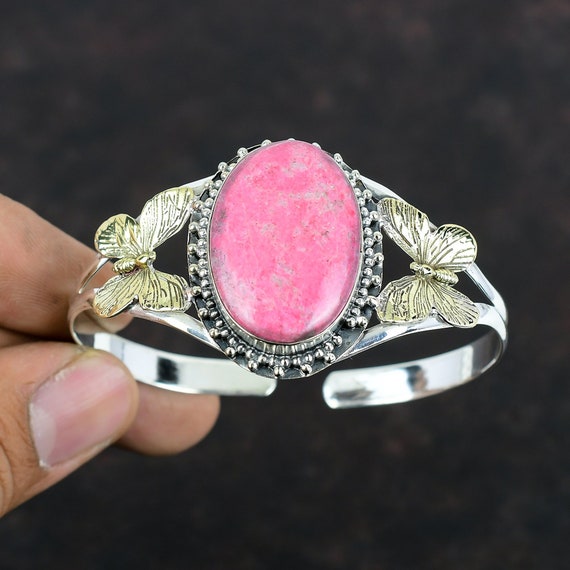 Thulite Gemstone Cuff: 925 Sterling Silver, 18k Gold Butterfly Bangle