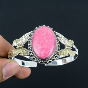 Thulite Gemstone Cuff Bangle: Handmade 925 Sterling Silver, 18K Gold Plated