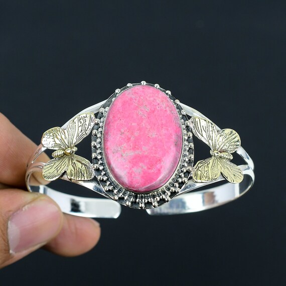 Thulite Gemstone Cuff Bangle: Handmade 925 Sterling Silver, 18k Gold Plated Thulite Gemstone Cuff Bangle: Handmade 925 Sterling Silver, 18k Gold Plated
