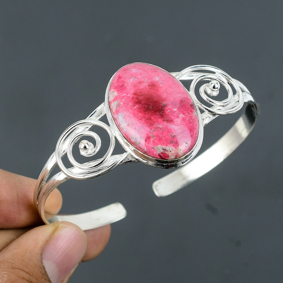 Handmade Thulite Cuff Bracelet: 925 Sterling Silver Adjustable Bangle