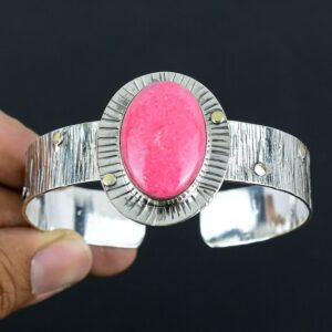 Handmade Thulite Gemstone Cuff: Adjustable Sterling Silver Bangle
