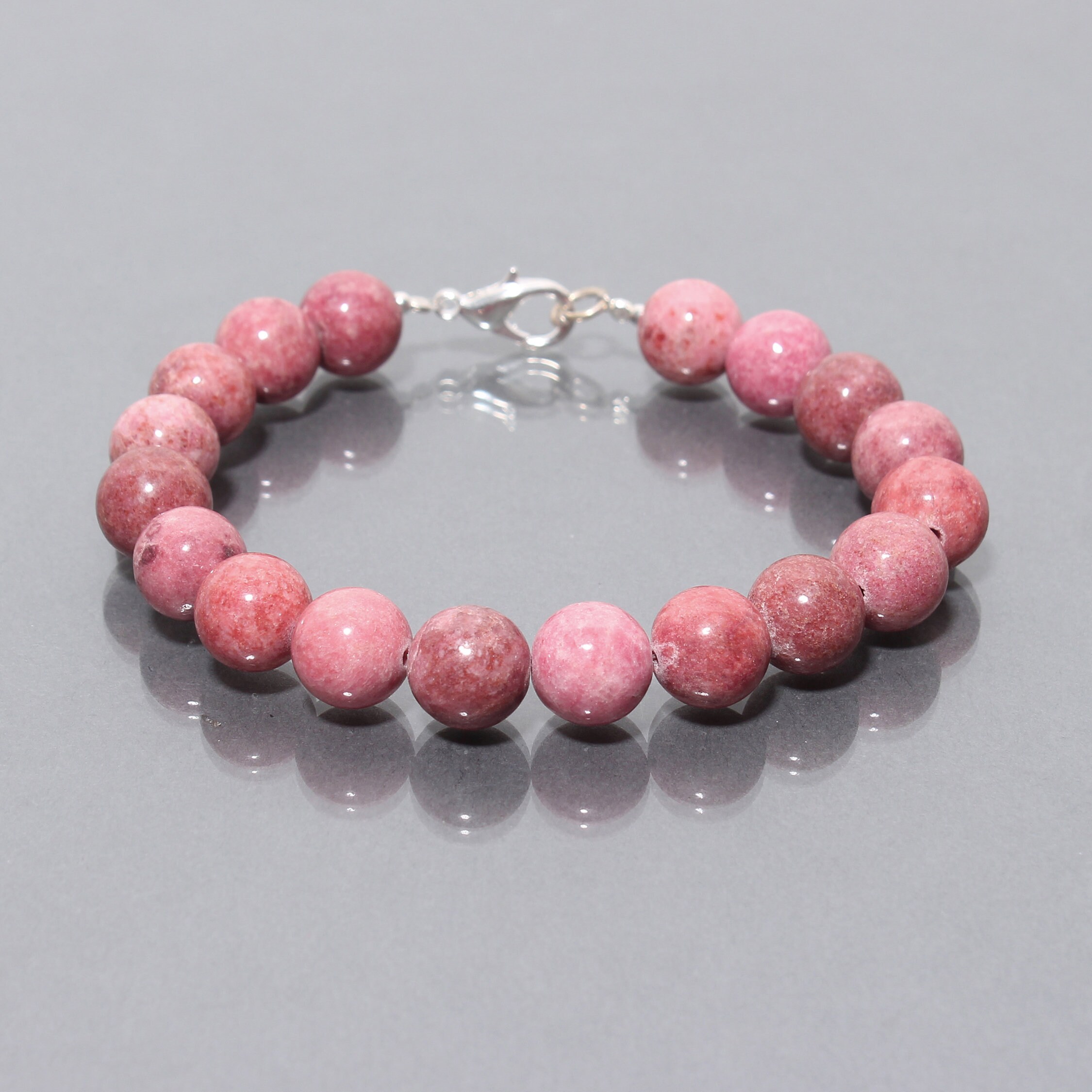 Natural Thulite Gemstone Bracelet | 10mm Pink Thulite Smooth Round Bead Bracelet | Semi-precious Stone Jewelry Natural Thulite Gemstone Bracelet | 10mm Pink Thulite Smooth Round Bead Bracelet | Semi-precious Stone Jewelry