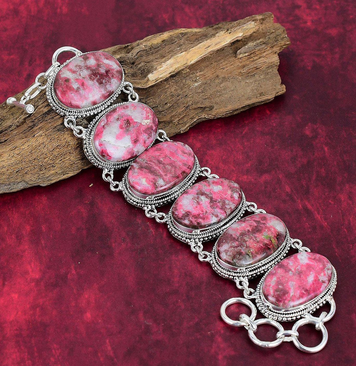 Natural Pink Thulite Bracelet, 925 Sterling Silver Bracelet, Adjustable Chain Bracelet Gemstone Bracelet, Handmade Jewelry Wadding Gift