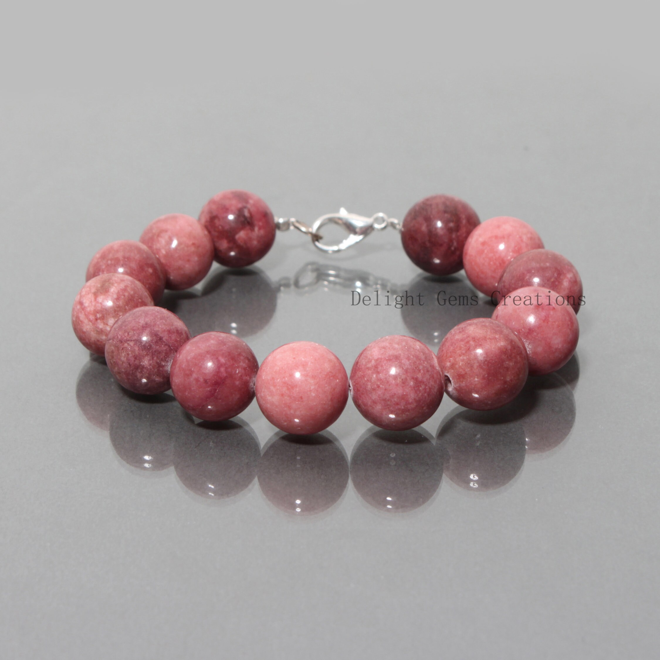 Pink Thulite Gemstone Bracelet, 13-14mm Round Beads, 8 Inch Pink Thulite Gemstone Bracelet, 13-14mm Round Beads, 8 Inch