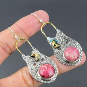 Thulite Crescent Moon Earrings: 925 Sterling Silver, 18K Gold Plated
