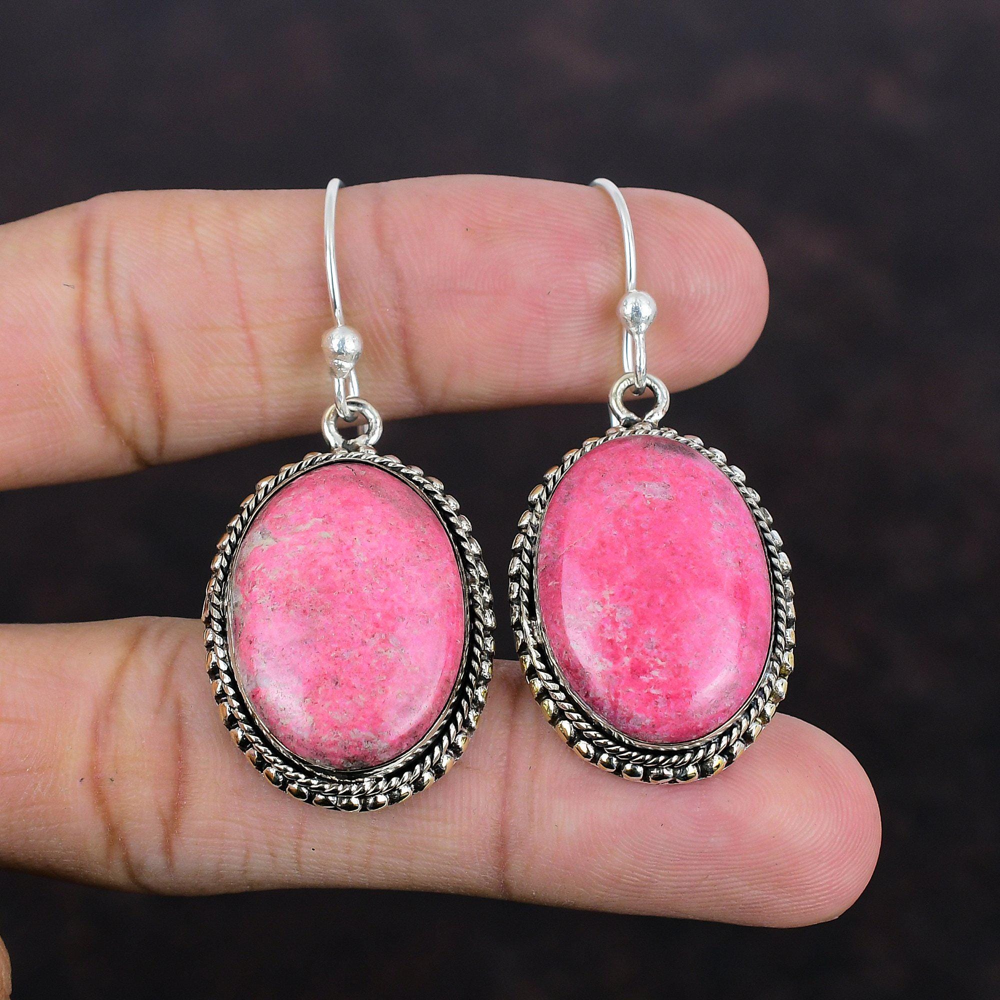 Thulite Earrings: Handmade 925 Sterling Silver Vintage Style