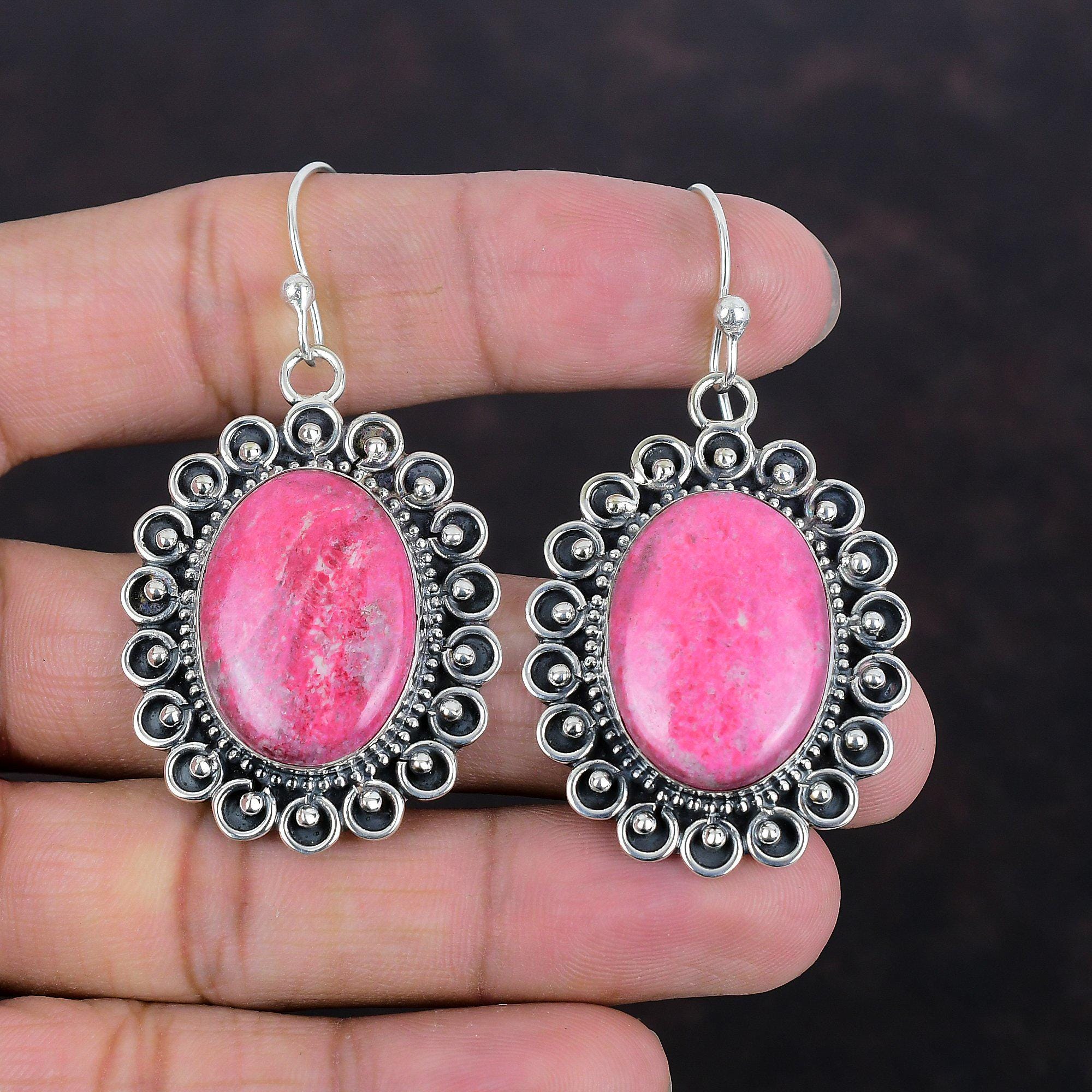 Handmade Thulite Earrings: 925 Sterling Silver Gemstone Jewelry