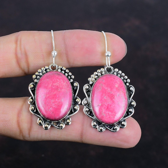 Handmade Thulite Earrings: 925 Sterling Silver Gemstone Jewelry