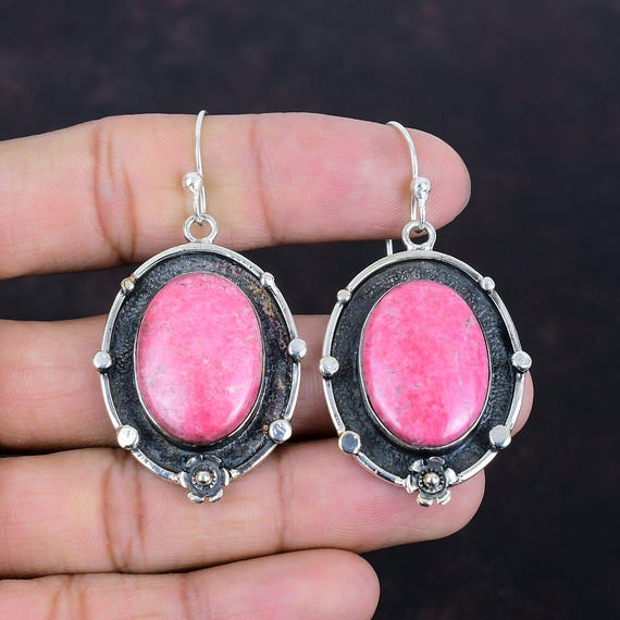 Handmade Thulite Earrings: 925 Sterling Silver Gemstone Jewelry
