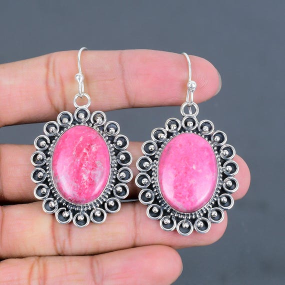 Handmade Thulite Earrings: 925 Sterling Silver Gemstone Jewelry
