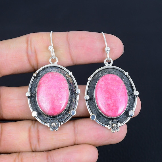 Handmade Thulite Dangle Earrings: 925 Sterling Silver Gemstone Jewelry Handmade Thulite Dangle Earrings: 925 Sterling Silver Gemstone Jewelry