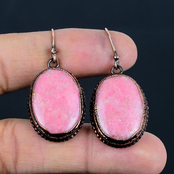 Handmade Electroformed Copper Thulite Earrings: Gemstone Jewelry Handmade Electroformed Copper Thulite Earrings: Gemstone Jewelry