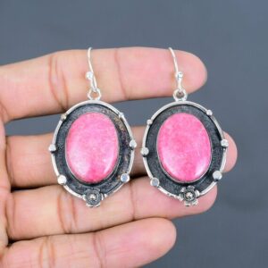 Handmade Oval Thulite Earrings: 925 Sterling Silver Gemstone Jewelry Handmade Oval Thulite Earrings: 925 Sterling Silver Gemstone Jewelry