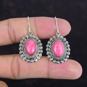 Handmade Thulite Oval Gemstone Earrings, 925 Sterling Silver, Vintage Style Jewelry Handmade Thulite Oval Gemstone Earrings, 925 Sterling Silver, Vintage Style Jewelry
