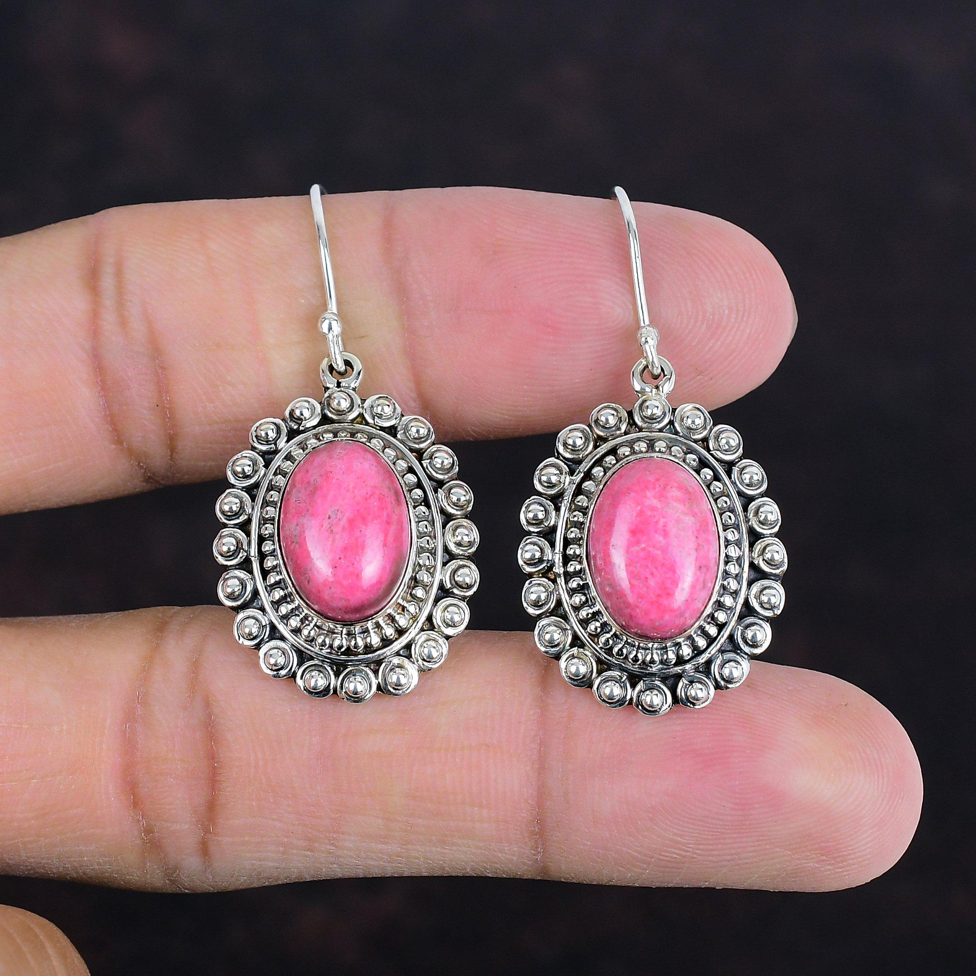 Handmade Thulite Oval Gemstone Earrings, 925 Sterling Silver, Vintage Style Jewelry