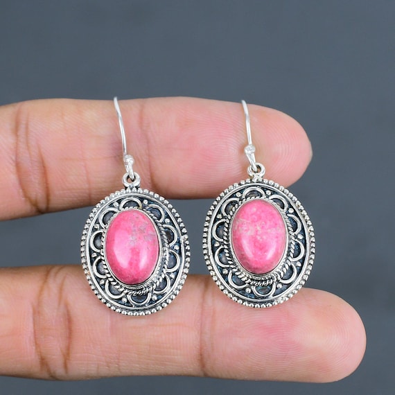 Handmade Thulite Earrings: Sterling Silver Boho Jewelry