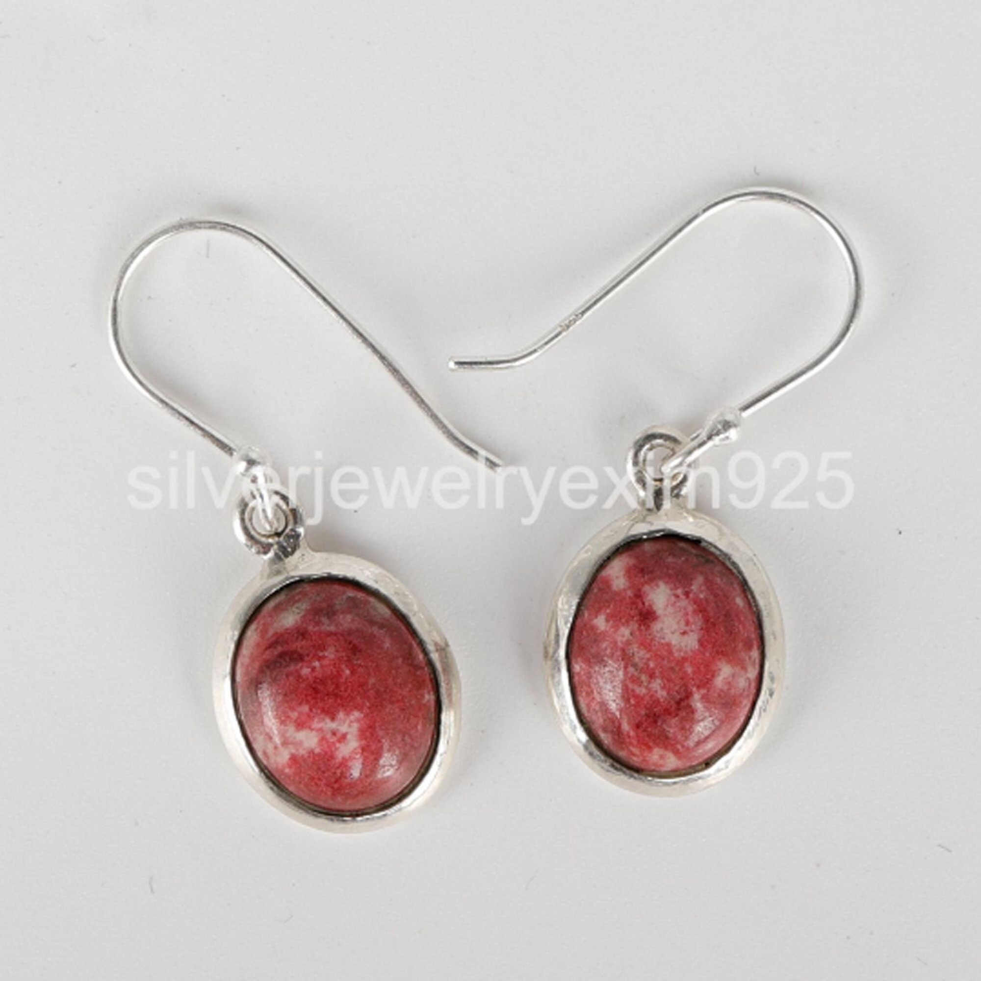 Pink Thulite Drop Earrings: Oval Gemstone, 925 Sterling Silver