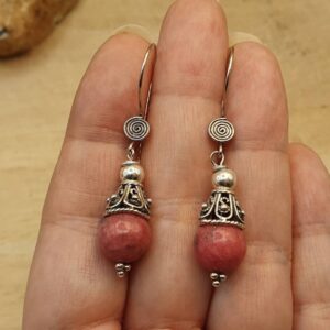 Rare Thulite cone earrings. Reiki jewelry uk. Minimalist Bali silver Rozalite dangle drop earrings. 10mm stone. Gift for her