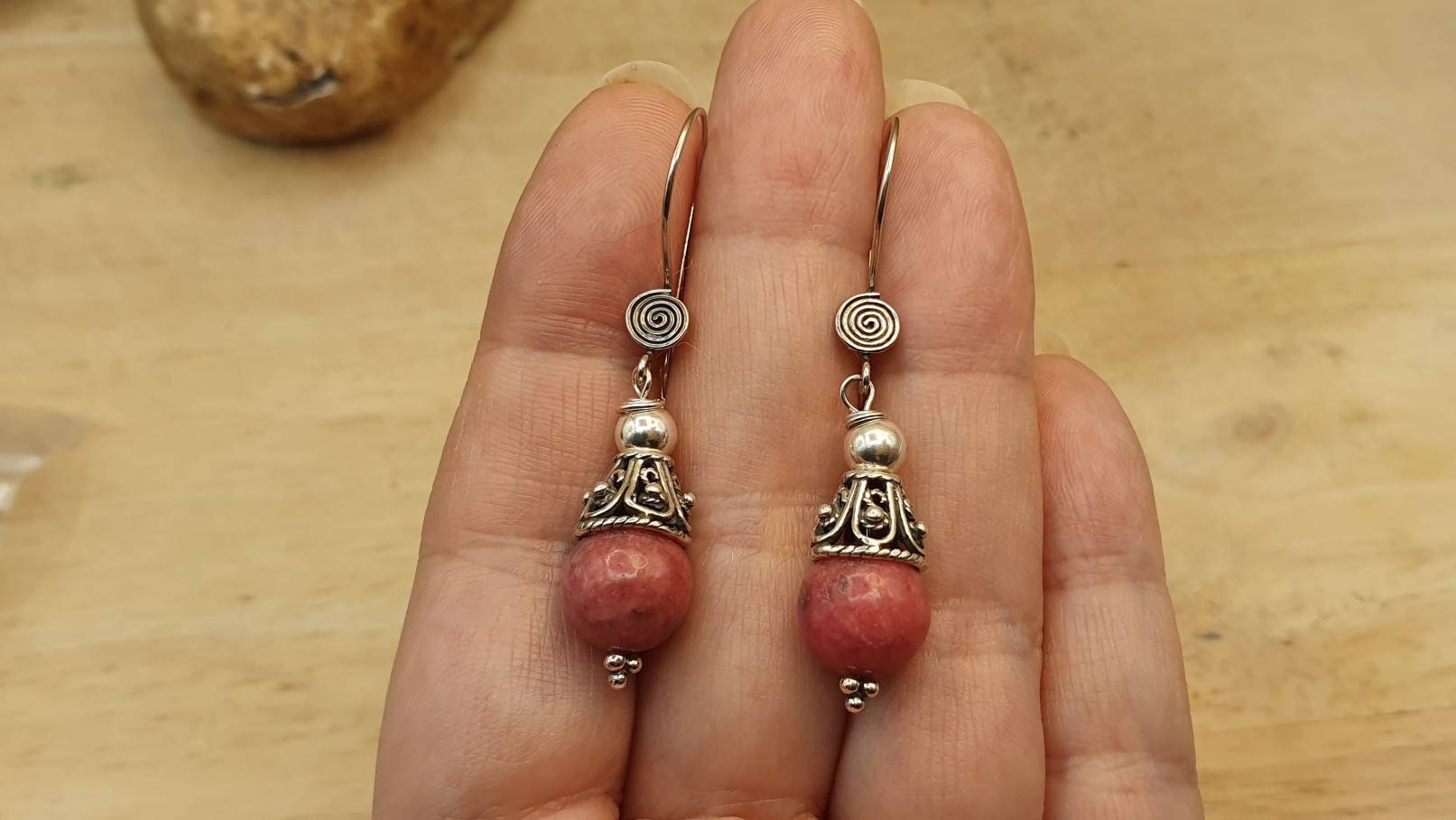 Rare Thulite Cone Earrings. Reiki Jewelry Uk. Minimalist Bali Silver Rozalite Dangle Drop Earrings. 10mm Stone. Gift For Her