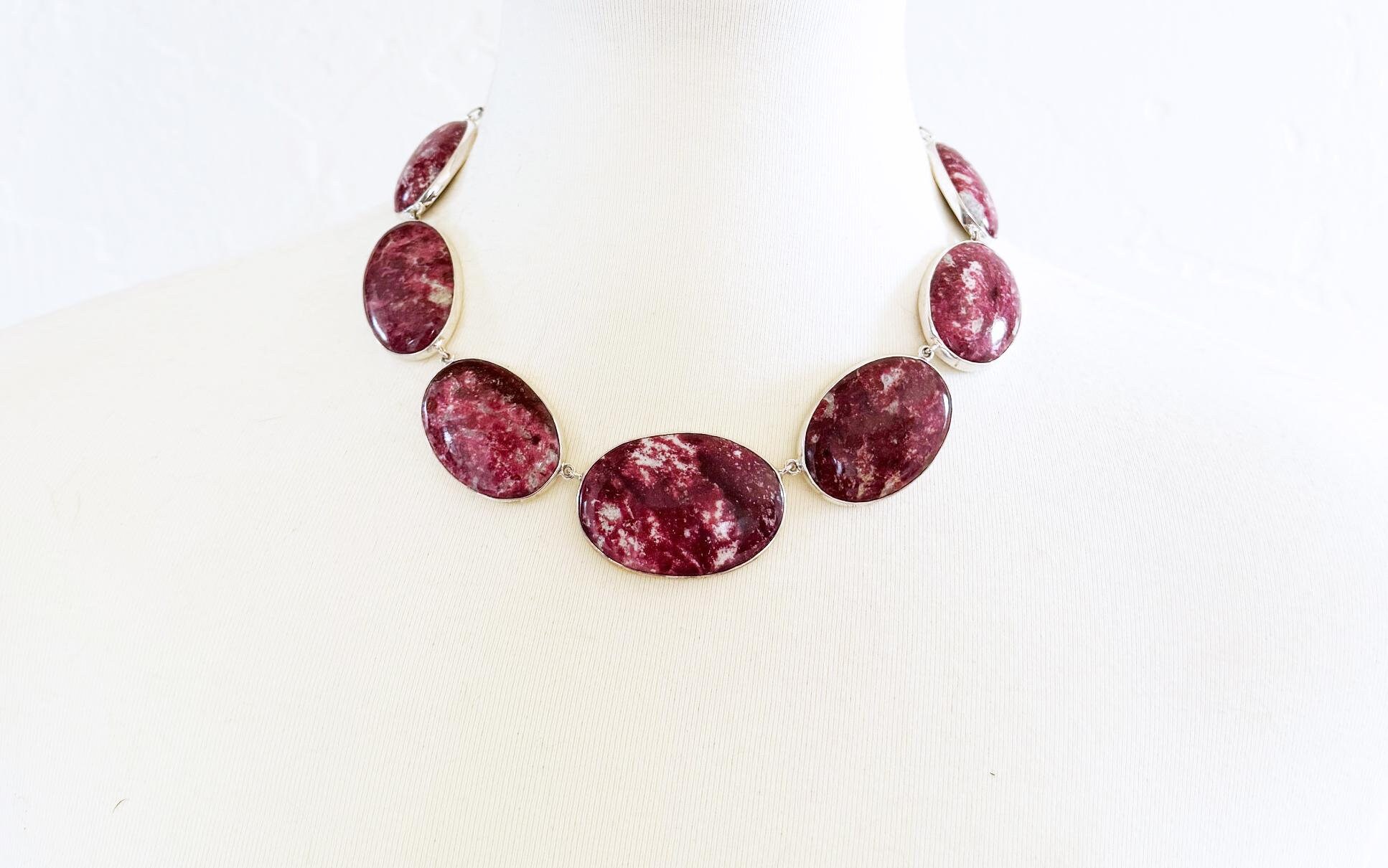 Thulite Bib Necklace - Pink-red Sterling Handcrafted Rare Gemstone Jewelry Thulite Bib Necklace - Pink-red Sterling Handcrafted Rare Gemstone Jewelry