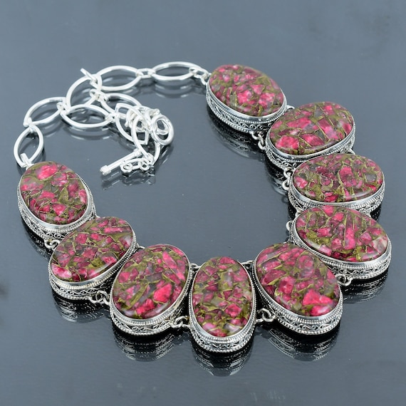 Handmade Copper Thulite 925 Sterling Silver Necklace - Vintage Gemstone Jewelry Handmade Copper Thulite 925 Sterling Silver Necklace - Vintage Gemstone Jewelry