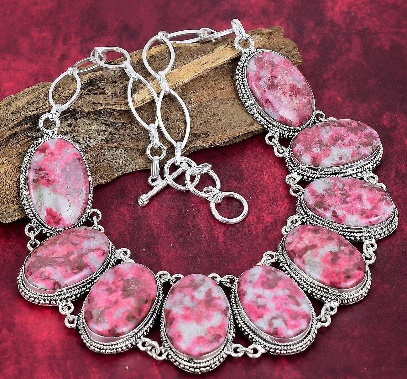 Natural Pink Thulite Necklace, 925 Sterling Silver Jewelry, Oval Shape Gemstone Jewelry, Adjustable Chain Handmade Jewelry Wadding Gift