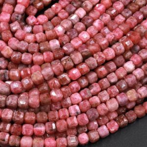 Micro Faceted Natural Pink Red Thulite 4mm Cube Beads Diamond Cut Gemstone From Norway 15.5" Strand