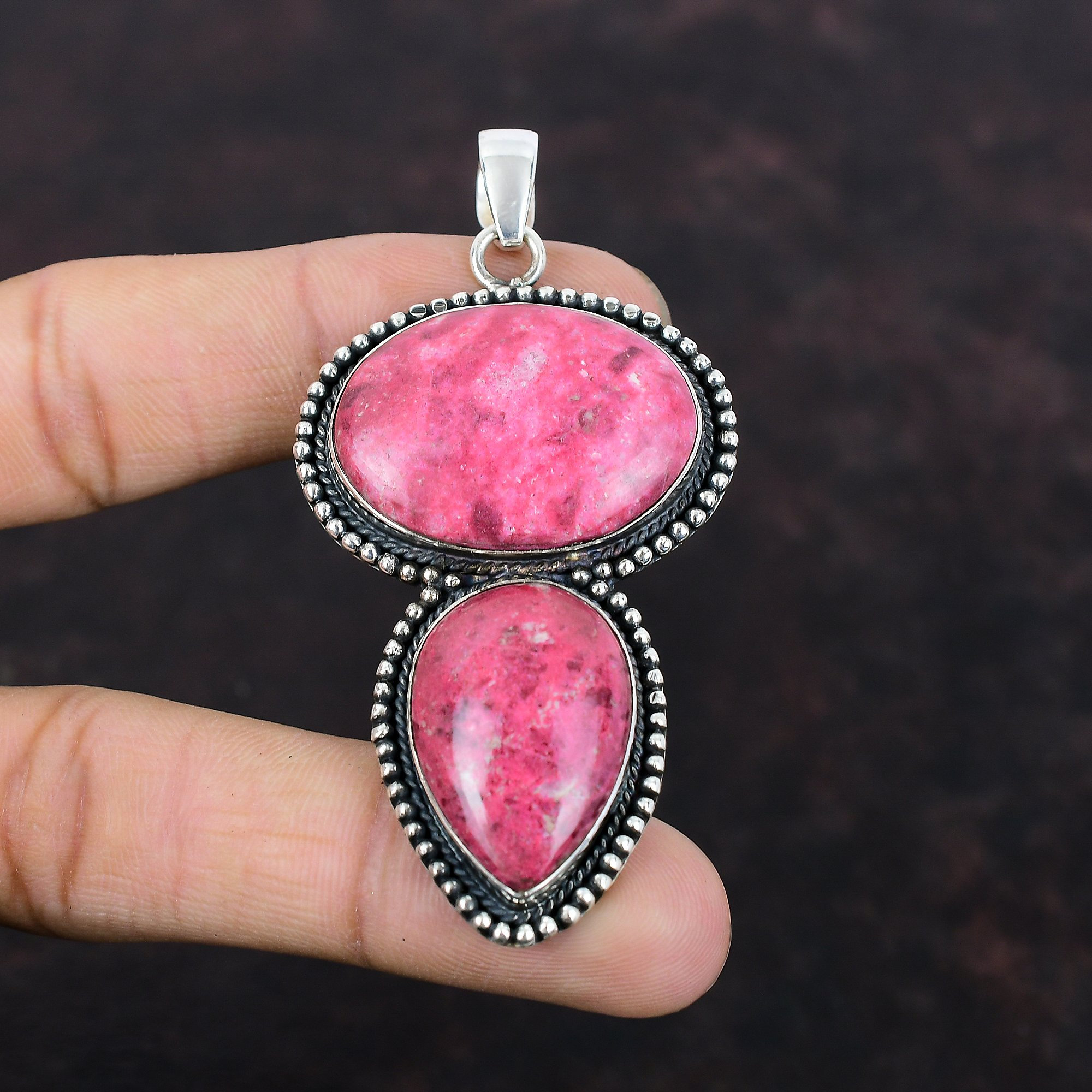 Boho Thulite Pendant: Handmade 925 Sterling Silver Vintage Jewelry